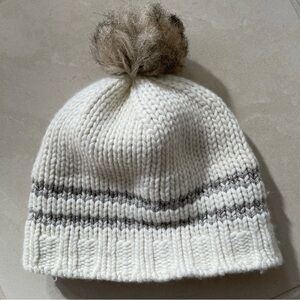 Eddie Bauer Pom Pom Beanie Hat Lamb’s Wool Angora Ivory Fleece Lined Headband